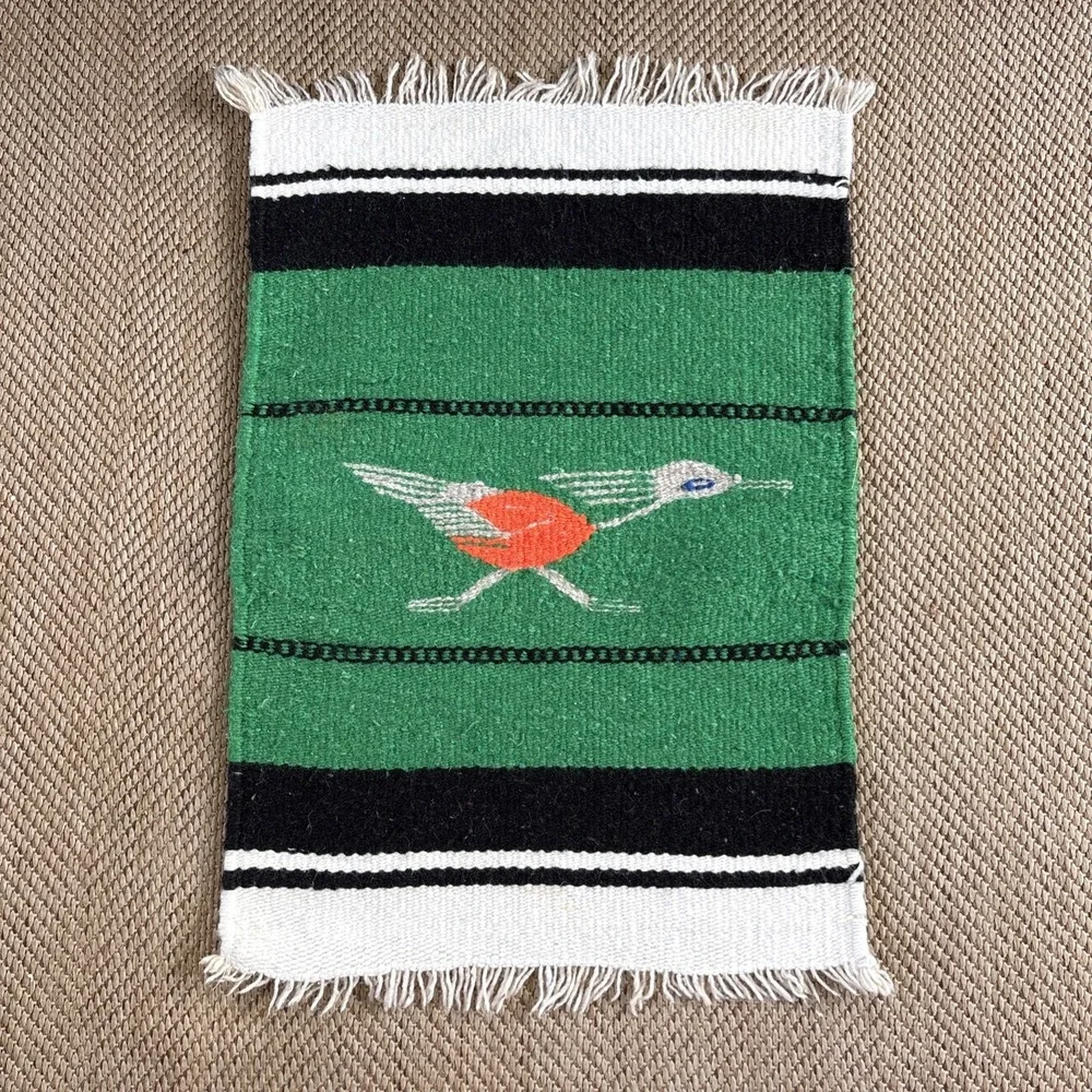 Vintage Southwestern Wool Rug Table Wall Hand Woven Bird Roadrunner